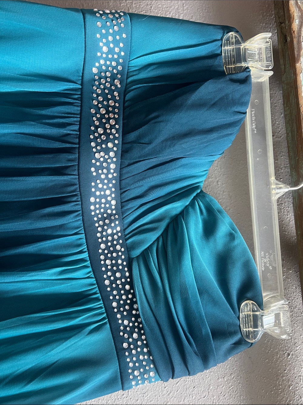 Trixxi Teal & Aqua Strapless Chiffon Cocktail Dress with Rhinestone Band - Picture 2 of 8